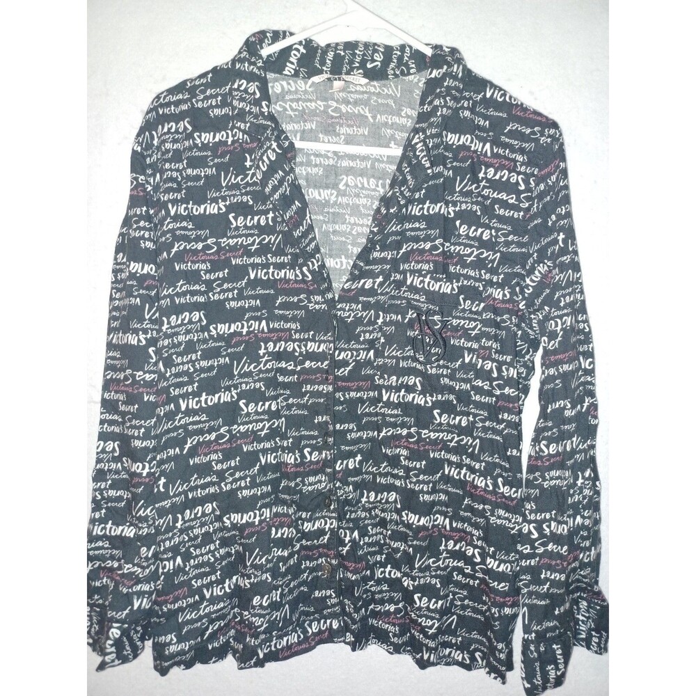 Victoria Secret Pajama Top Flannel Sleep Shirt S black logo pocket button women
